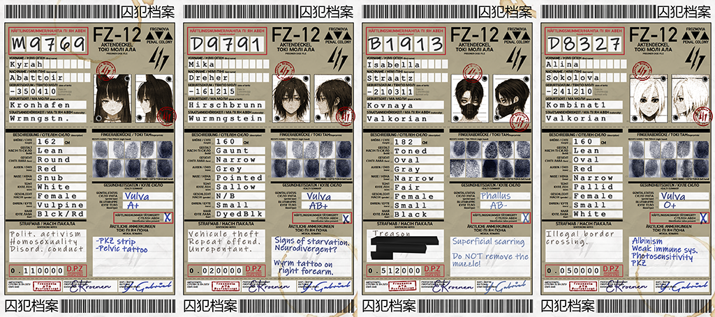 Prisoner file cover sheets, from left to right: Kyrah Abattoir, Mika Dreher, Isabella Straatz and Alina Sokolova